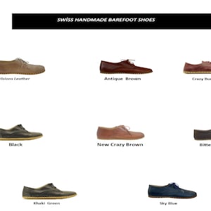 May include: Six pairs of handmade leather shoes in various colors, including black, brown, burgundy, khaki green, and sky blue. The shoes are all low-top and have a simple, minimalist design. The text "SWISS HANDMADE BAREFOOT SHOES" is displayed at the top of the image.