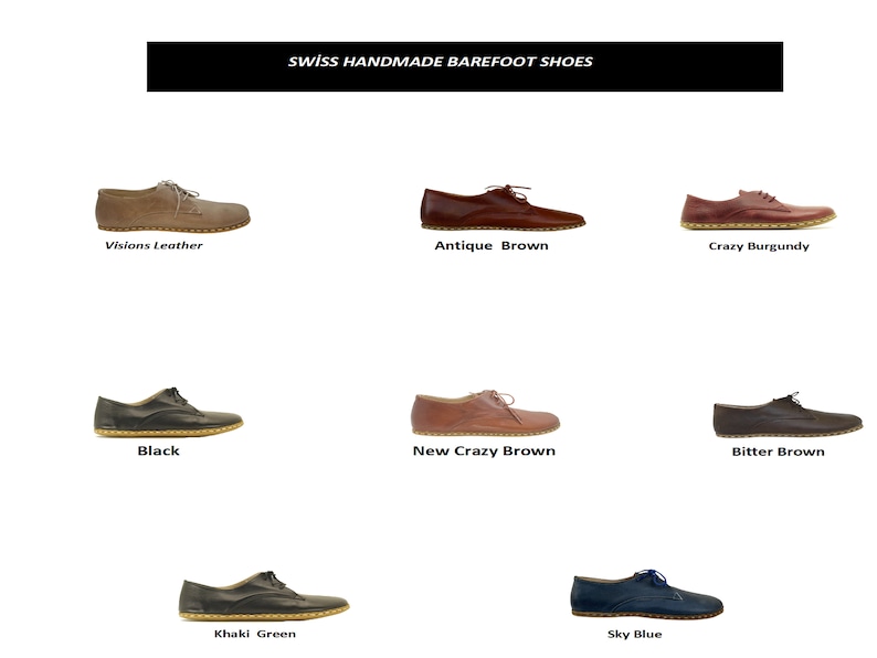 May include: Six pairs of handmade leather shoes in various colors, including black, brown, burgundy, khaki green, and sky blue. The shoes are all low-top and have a simple, minimalist design. The text "SWISS HANDMADE BAREFOOT SHOES" is displayed at the top of the image.
