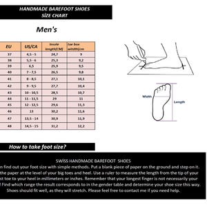 May include: A size chart for handmade barefoot shoes featuring a table with EU and US/CA sizes, insole lengths in cm, and toe box widths in cm. Includes a line drawing illustration showing how to measure foot length and width on paper.