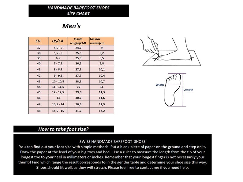 May include: A size chart for handmade barefoot shoes featuring a table with EU and US/CA sizes, insole lengths in cm, and toe box widths in cm. Includes a line drawing illustration showing how to measure foot length and width on paper.