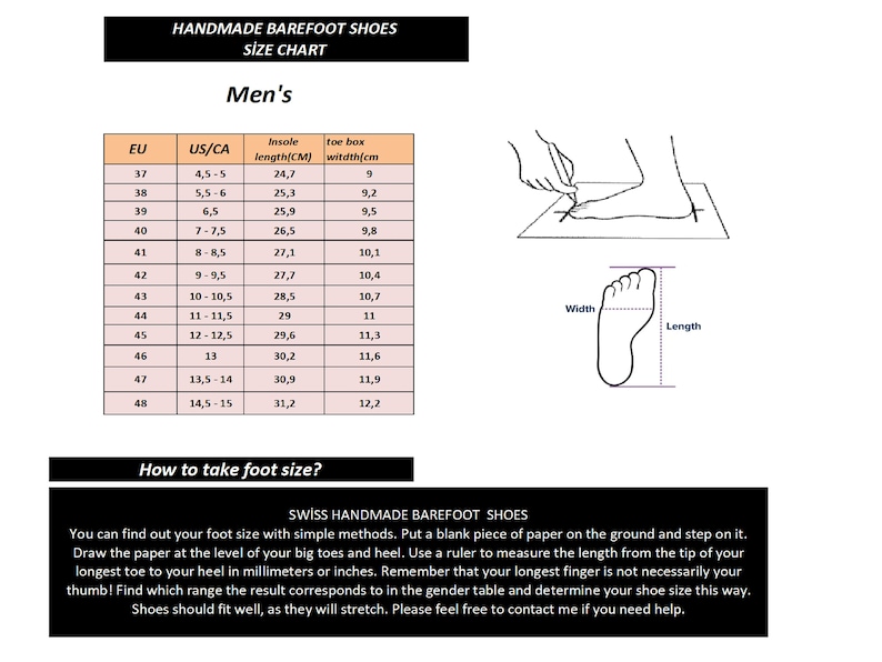May include: A size chart for handmade barefoot shoes in men's sizes. The chart shows European, US/Canadian, insole length in centimeters, and toe box width in centimeters. Instructions on how to measure your foot size are included.