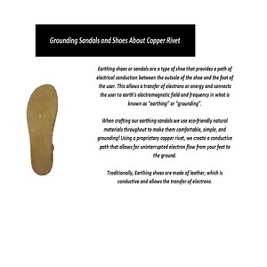May include: Close-up of the bottom of a brown leather sandal with a copper rivet. The sandal is designed to provide a path for electrical conduction between the foot and the ground, known as earthing or grounding.