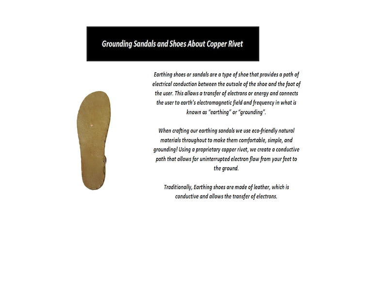 May include: Close-up of the bottom of a brown leather sandal with a copper rivet. The sandal is designed to provide a path for electrical conduction between the foot and the ground, known as earthing or grounding.