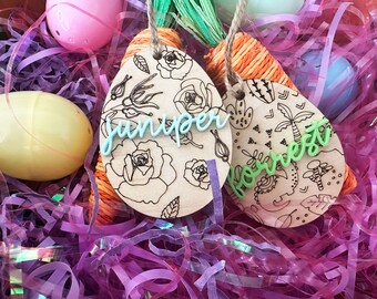 Dinosaur or Floral Engraved Egg Easter Basket Tag | Personalized Floral or Dino Engraved Egg Shaped Easter Basket Tag