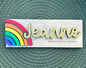 Rainbow Name Plate with pronouns for Desk | Cute Personalized Rainbow Name Sign for Office or Classroom