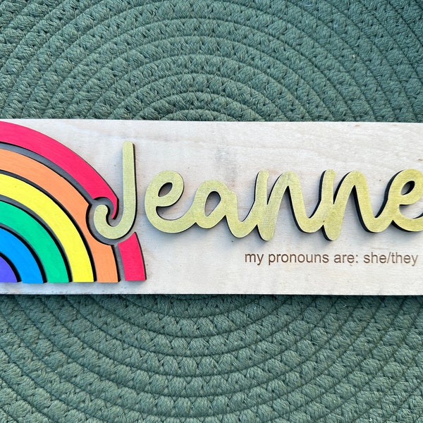 Rainbow Name Plate with pronouns for Desk | Cute Personalized Rainbow Name Sign for Office or Classroom