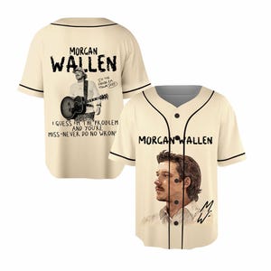 May include: Cream baseball jersey with black trim, displaying "MORGAN WALLEN" and a portrait. The back features a graphic of Morgan Wallen with a guitar, tour details, and song lyrics.