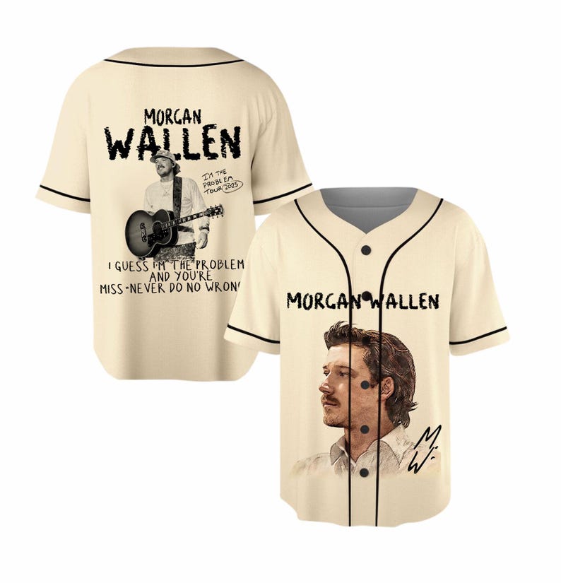 May include: Cream baseball jersey with black trim, displaying "MORGAN WALLEN" and a portrait. The back features a graphic of Morgan Wallen with a guitar, tour details, and song lyrics.