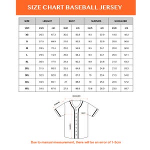 May include: A baseball jersey size chart with measurements in inches and centimetres. The chart includes sizes XS to 5XL, detailing length, bust, sleeves, and shoulder measurements. A jersey diagram illustrates the measurement points.