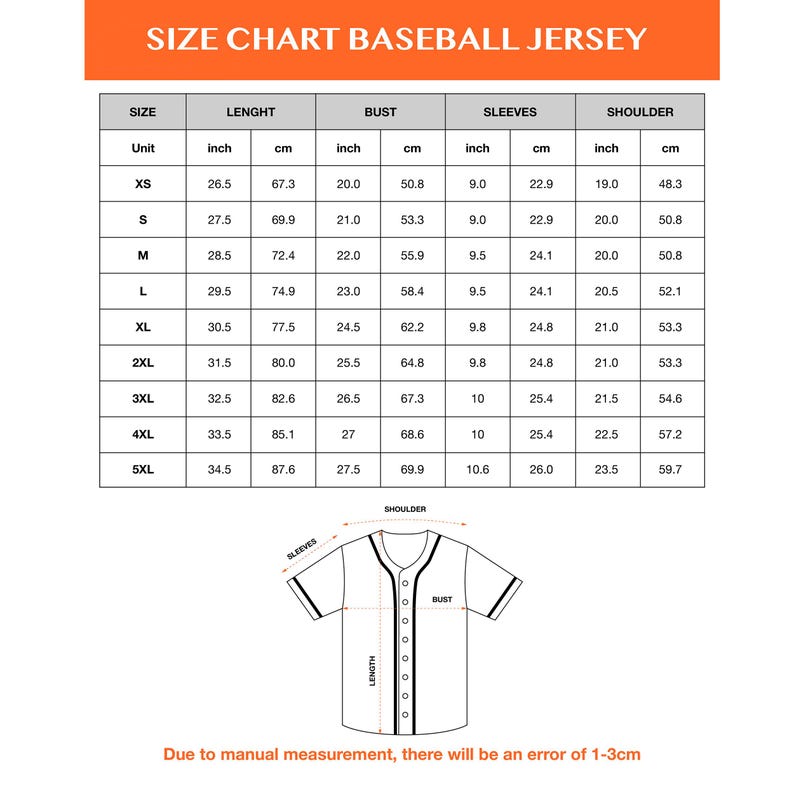 May include: A baseball jersey size chart with measurements in inches and centimetres. The chart includes sizes XS to 5XL, detailing length, bust, sleeves, and shoulder measurements. A jersey diagram illustrates the measurement points.