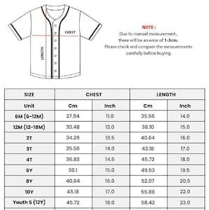 May include: White baseball jersey with black trim, a button-up front, and short sleeves. The image includes a size chart with chest and length measurements in cm and inches for youth sizes.