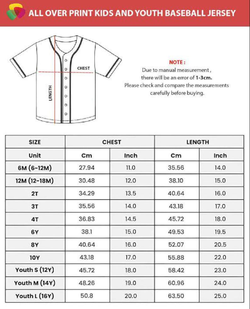 May include: White baseball jersey with black trim, a button-up front, and short sleeves. The image includes a size chart with chest and length measurements in cm and inches for youth sizes.