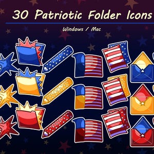 Op de afbeelding: 30 Patriotische map-pictogrammen voor Windows en Mac. De pictogrammen bevatten rode, witte en blauwe sterren, vuurwerk en Amerikaanse vlaggen.