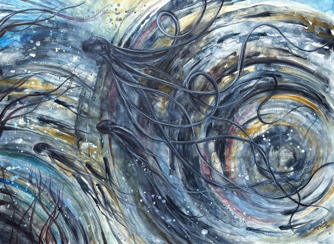 Circular Swimming Creatures: Original Mixed Media Artwork - 56cm X 76cm ...