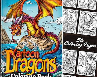 Libro para colorear de dragones de dibujos animados: 50 páginas geniales de materiales artísticos, fantasía medieval y alas de libélula, PDF imprimible para fanáticos de los libros para colorear de dragones