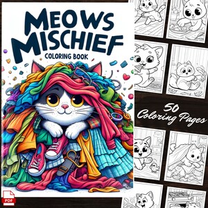 May include: A colouring book titled "MEOWS MISCHIEF COLOURING BOOK" featuring a cartoon cat wearing a pile of colourful clothes on its head. The book includes 50 colouring pages.
