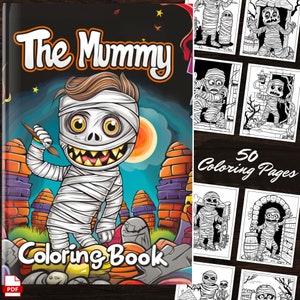 Cover of The Mummy Fun Coloring Book showcasing a cute mummy character with a paintbrush, set against a vibrant, colorful background. Perfect for kids and adults who love arts and crafts and printable coloring pages.