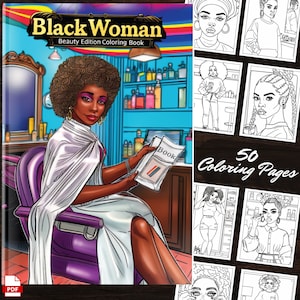 Black Woman Beauty Edition Coloring Book cover featuring an elegant Afro American woman in a hair salon setting. This digital download coloring book includes 50 detailed beauty illustrations, perfect for adults and kids.