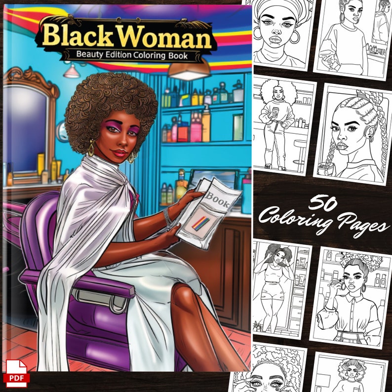 Black Woman Beauty Edition Coloring Book cover featuring an elegant Afro American woman in a hair salon setting. This digital download coloring book includes 50 detailed beauty illustrations, perfect for adults and kids.