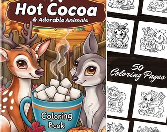 Libro para colorear de chocolate caliente y animales adorables: 50 páginas de comodidad al estilo de dibujos animados para corazones cálidos Descarga digital Delight Instant PDF Download