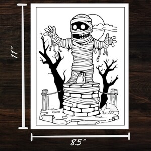 Detailed mummy coloring page from The Mummy Fun Coloring Book measuring 11 inches by 8.5 inches. Perfect for both kids and adults, this digital download offers high-quality, printable pages for creative fun.
