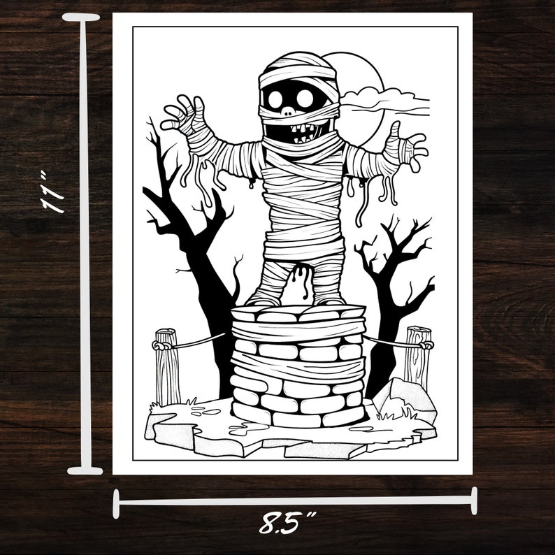 Detailed mummy coloring page from The Mummy Fun Coloring Book measuring 11 inches by 8.5 inches. Perfect for both kids and adults, this digital download offers high-quality, printable pages for creative fun.