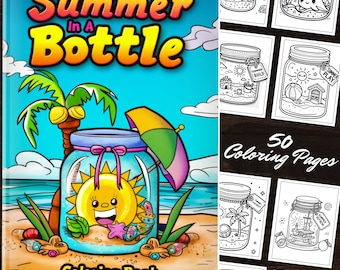 Libro para colorear Verano en una botella: 50 páginas en PDF para imprimir, ilustraciones de escenas de playa y actividades junto al mar, descarga instantánea de momentos divertidos de vacaciones
