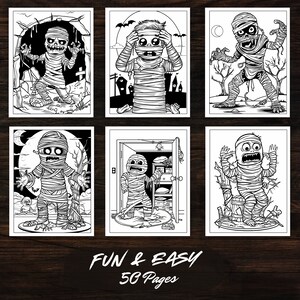 Preview of The Mummy Fun Coloring Book showing six detailed mummy-themed coloring pages. Each page features unique cute monster designs, ideal for fantasy coloring and creative DIY projects for kids and adults.