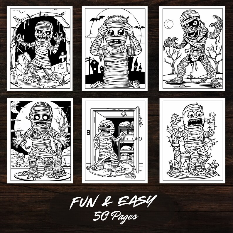 Preview of The Mummy Fun Coloring Book showing six detailed mummy-themed coloring pages. Each page features unique cute monster designs, ideal for fantasy coloring and creative DIY projects for kids and adults.