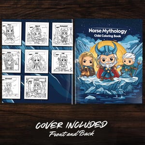 Front and back cover of Norse Mythology Chibi Coloring Book. Features Thor, Odin, Loki, and more. Playful, vibrant chibi art style. Ideal for fans of mythology-themed coloring books.