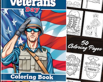 Libro para colorear del Día de los Veteranos: 50 páginas para colorear para aliviar el estrés, atrevidas y sencillas, escenas del Día de los Veteranos con arte lineal, diseños sencillos para adultos y niños