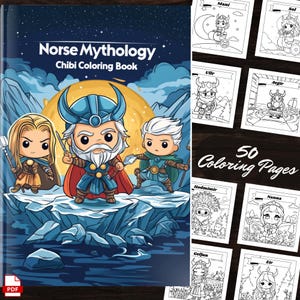 Norse Mythology Chibi Art Cute Coloring Book: 50 Line Art Coloring Pages of Viking Gods, Instant Download Printable Coloring Viking Gift