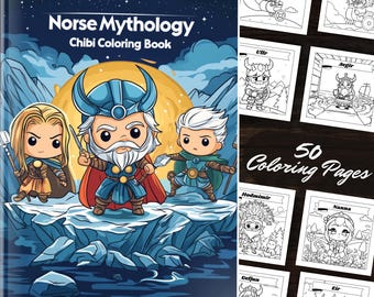 Lindo libro para colorear de arte chibi de mitología nórdica: 50 páginas para colorear de dioses vikingos con arte lineal, descarga instantánea, imprimible y para colorear.