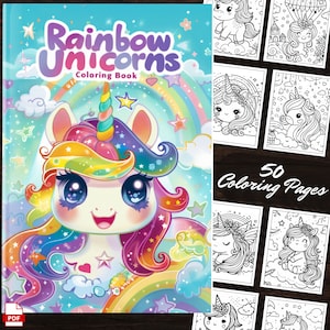May include: A colorful "Rainbow Unicorns Coloring Book" with a cartoon unicorn on the cover. The unicorn has a rainbow mane and horn, with stars and a rainbow in the background. The book includes 50 coloring pages.