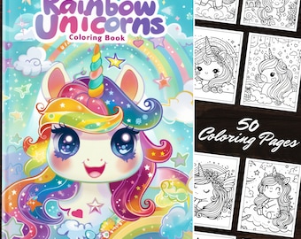 Libro para colorear de unicornios arcoíris: 50 páginas de escenas mágicas de fantasía y nubes esponjosas para todas las edades - PDF Formas fáciles y cielos de ensueño para colorear