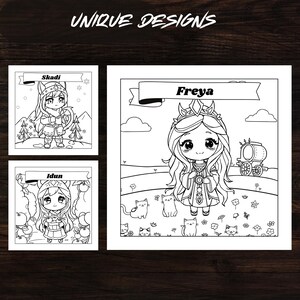Chibi Skadi, Freya, and Idun coloring pages from Norse Mythology Chibi Coloring Book. Unique designs with mythology-inspired elements. Ideal for fans of Norse mythology and cute, stylized art.
