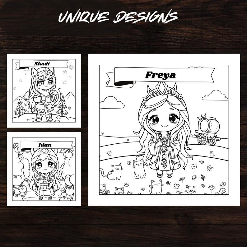 Chibi Skadi, Freya, and Idun coloring pages from Norse Mythology Chibi Coloring Book. Unique designs with mythology-inspired elements. Ideal for fans of Norse mythology and cute, stylized art.