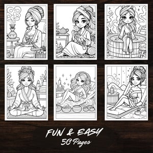 Preview of Spa Day Girls Coloring Book showing six detailed coloring pages. Each page features girls enjoying various spa treatments, perfect for meditation coloring and a relaxing activity.