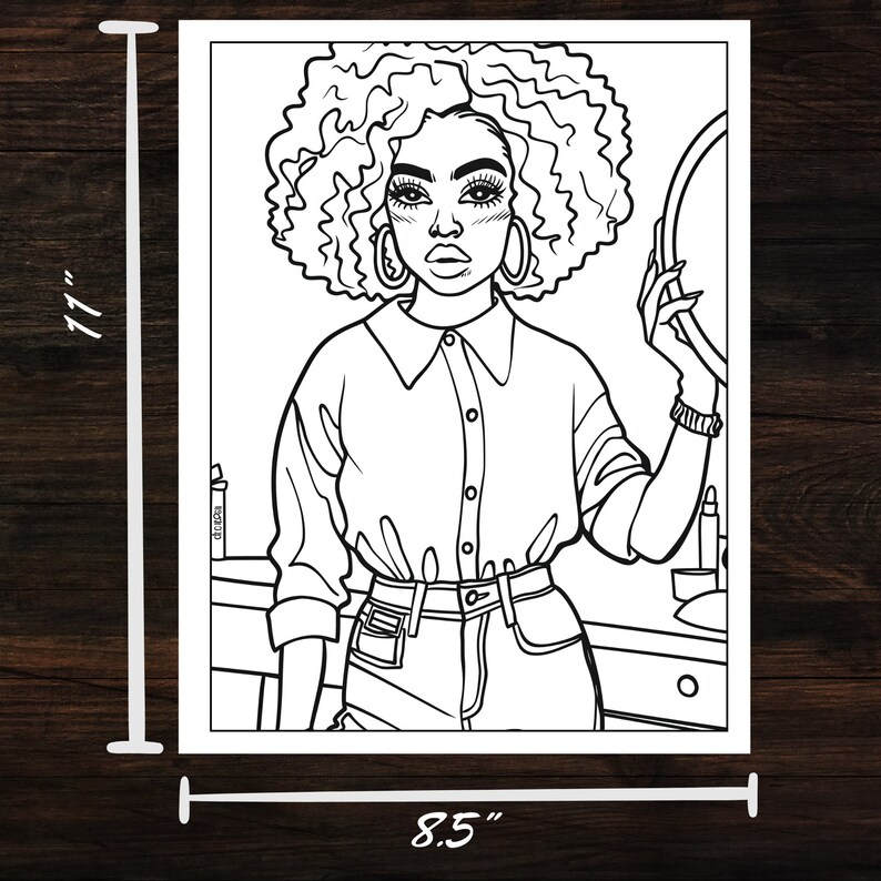 Overview of the 50 coloring pages included in the Black Woman Beauty Edition Coloring Book. Each page features intricate beauty illustrations of Afro American women in various hair salon scenes, available as a PDF file.