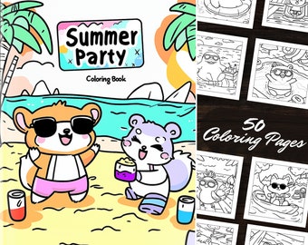 Summer Party Coloring Book: 50 Kawaii Coloring Pages, Digital Coloring & Printable PDF Instant Download. Your Cute Coloring Book for Summer!