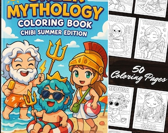 Greek Mythology Summer Edition: 50 Chibi Pages Fantasy Coloring Greek Gods, Adult coloring, Kids Activity Printable Fun, Digital Download