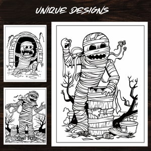 Selection of unique designs from The Mummy Fun Coloring Book featuring adorable mummy characters in various settings. These fantasy coloring pages are perfect for kids' DIY projects and arts and crafts activities.