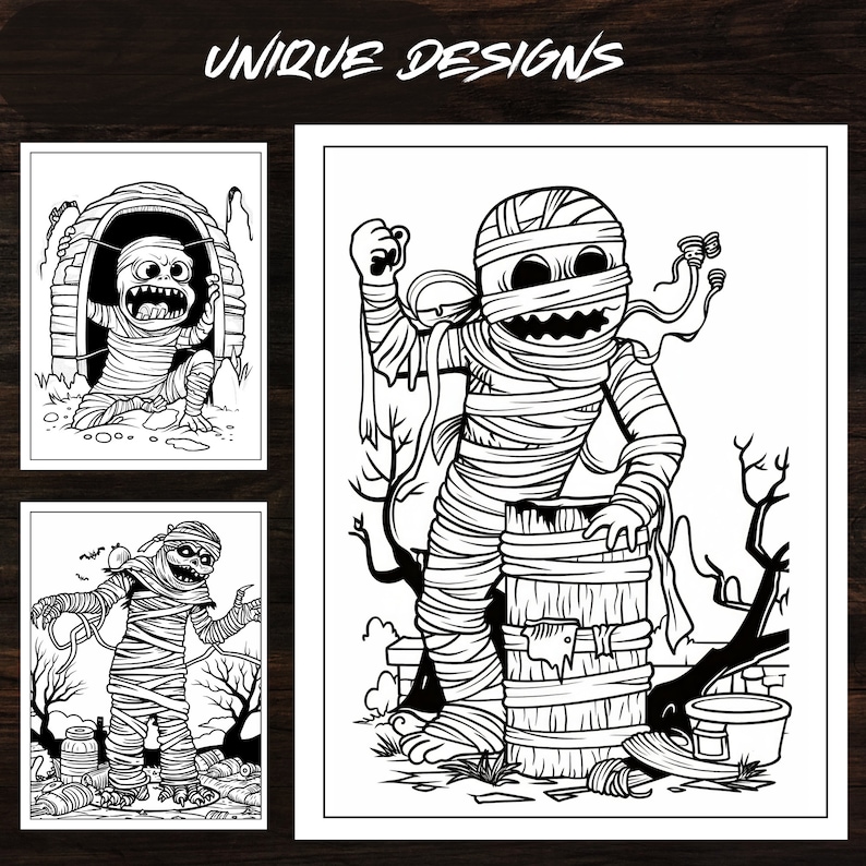 Selection of unique designs from The Mummy Fun Coloring Book featuring adorable mummy characters in various settings. These fantasy coloring pages are perfect for kids' DIY projects and arts and crafts activities.