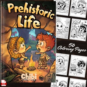 May include: A colouring book cover featuring a cartoon illustration of two children in a prehistoric setting. The cover is titled "Prehistoric Life" and "Chibi Colouring Book". The book contains 50 colouring pages.