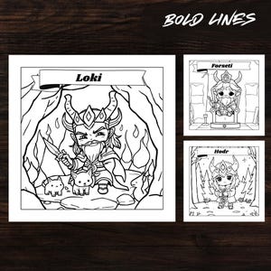 Chibi Loki, Forseti, and Hodr from Norse Mythology Chibi Coloring Book. Bold lines, easy to color. Perfect for kids and adults who enjoy Norse mythology and chibi-style art.