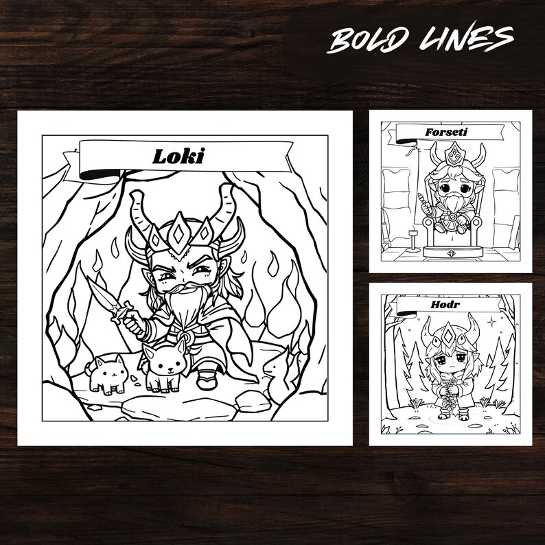 Chibi Loki, Forseti, and Hodr from Norse Mythology Chibi Coloring Book. Bold lines, easy to color. Perfect for kids and adults who enjoy Norse mythology and chibi-style art.