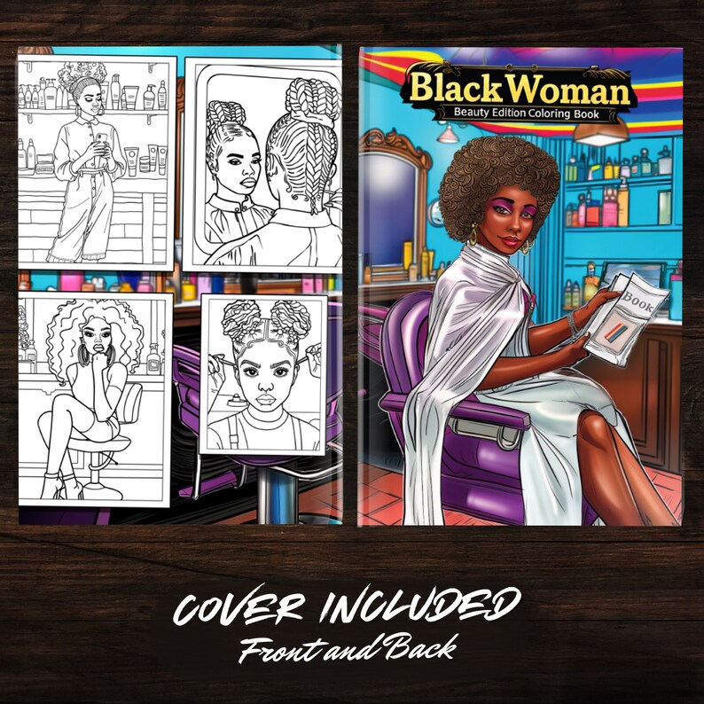 Cover and sample pages from the Black Woman Beauty Edition Coloring Book, showcasing Afro American women in a hair salon. This digital book is available for instant download, providing high-quality, printable coloring pages.