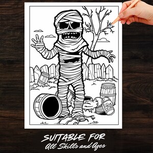 Page from The Mummy Fun Coloring Book showing a cute mummy character ready to be colored. Suitable for all skill levels, these printable pages are perfect for fantasy coloring and creative arts and crafts.