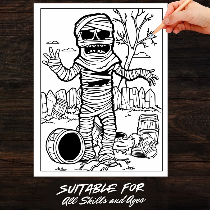 Page from The Mummy Fun Coloring Book showing a cute mummy character ready to be colored. Suitable for all skill levels, these printable pages are perfect for fantasy coloring and creative arts and crafts.