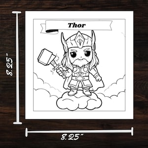Chibi Thor on a cloud from Norse Mythology Chibi Coloring Book. Page size 8.25x8.25 inches. Bold lines, easy to color. Great for mythology enthusiasts and chibi art fans."